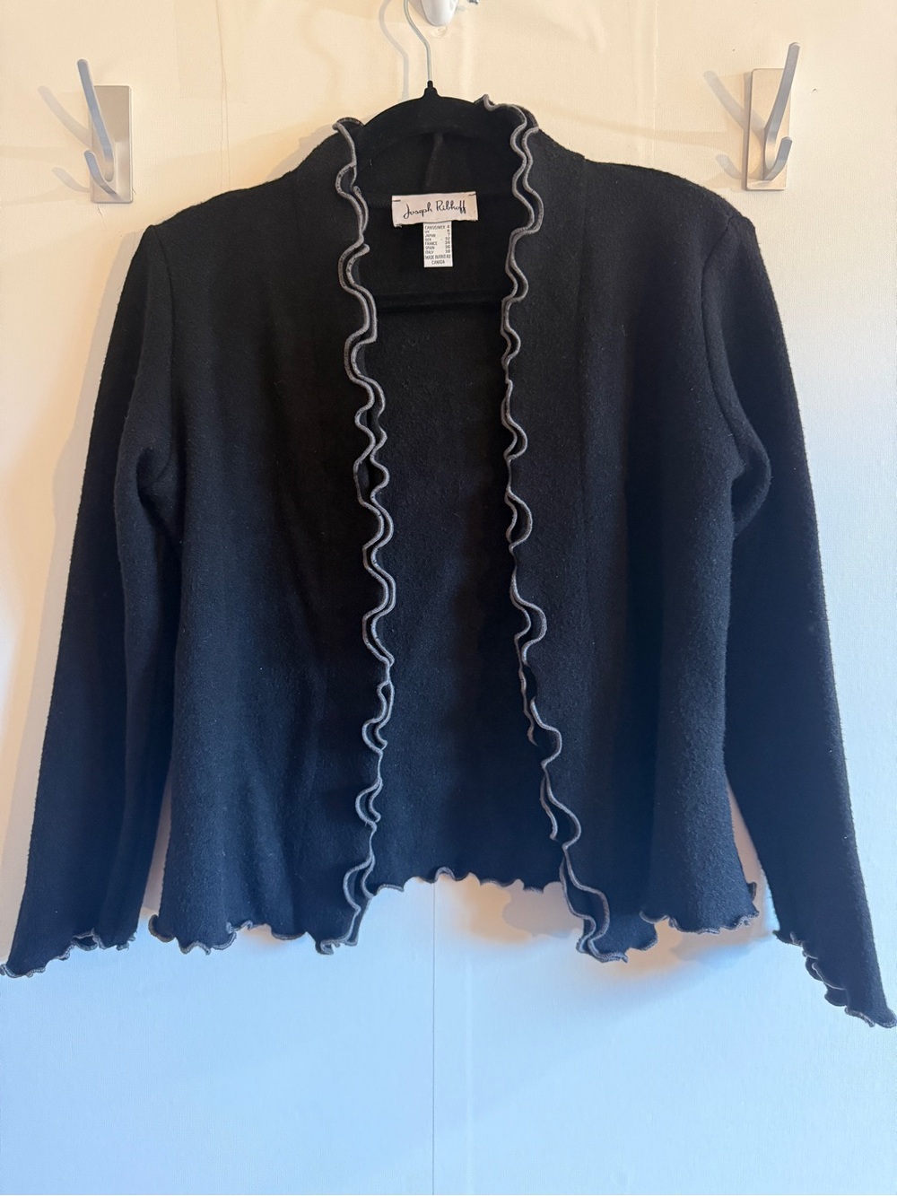 Joseph Ribkoff Black Open Front Ruffle Trim Cardigan Jacket Size 4 Made Canada